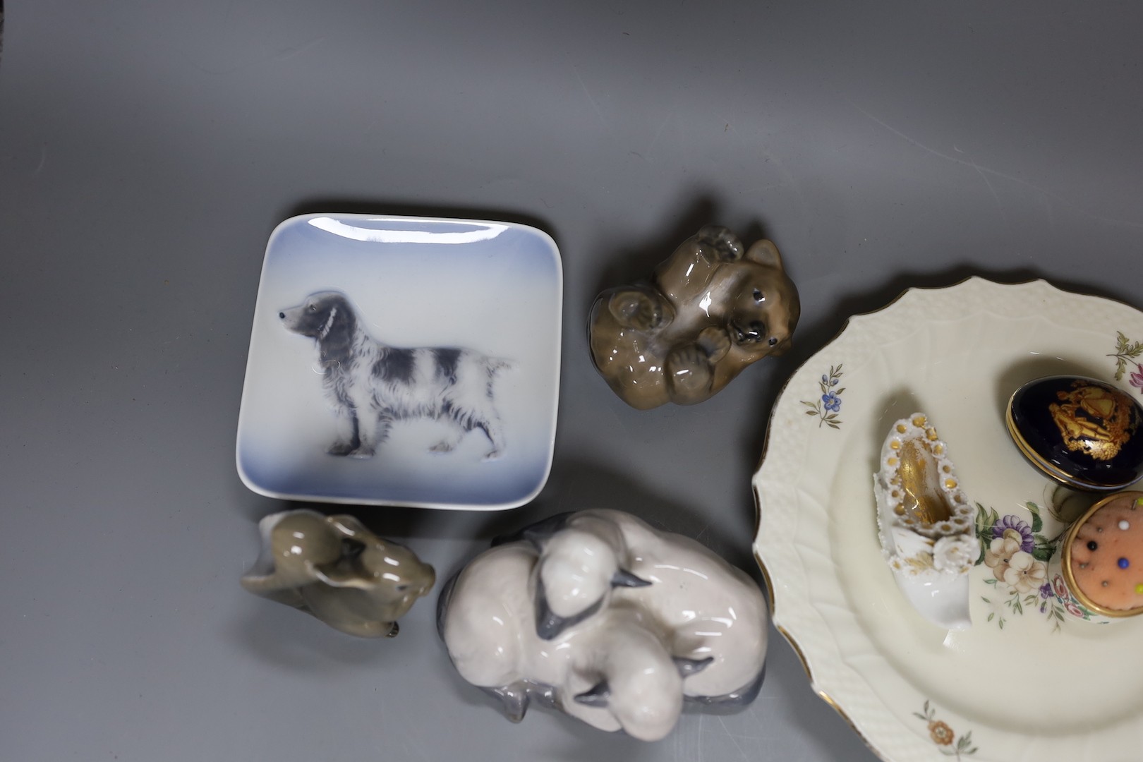 A group of various Copenhagen animals and dishes, together with Halcyon Days, Limoges and a small porcelain shoe